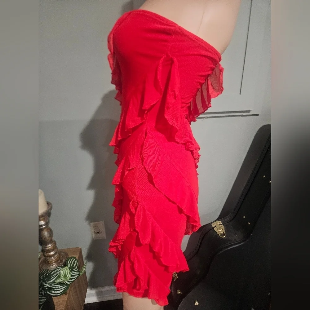 Strapless Red Ruffle Cocktail Mini Dress – Stretch Mesh Bodycon